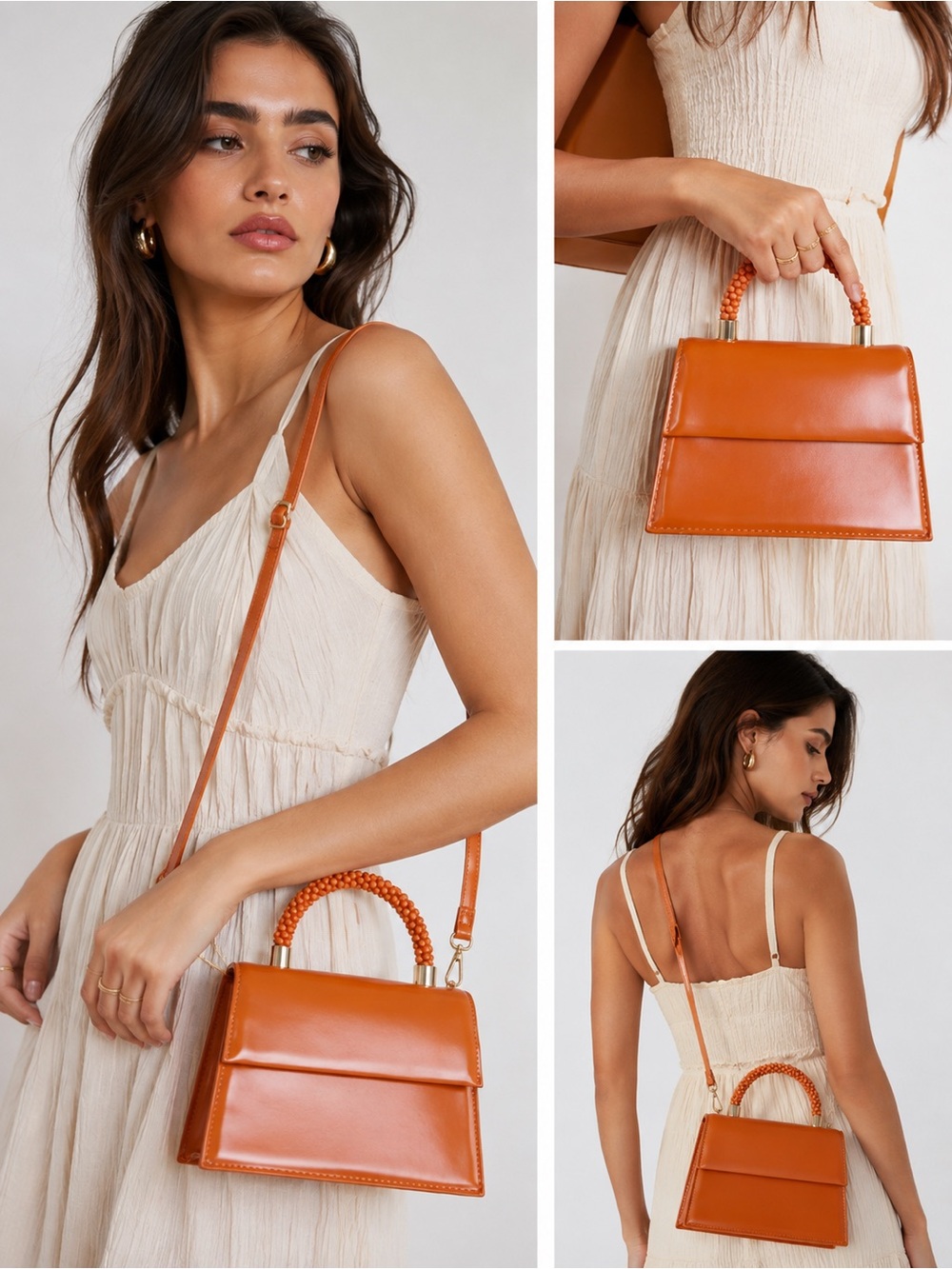 ZARA Orange Beaded Handle Structured Crossbody Bag Shoulder Purse